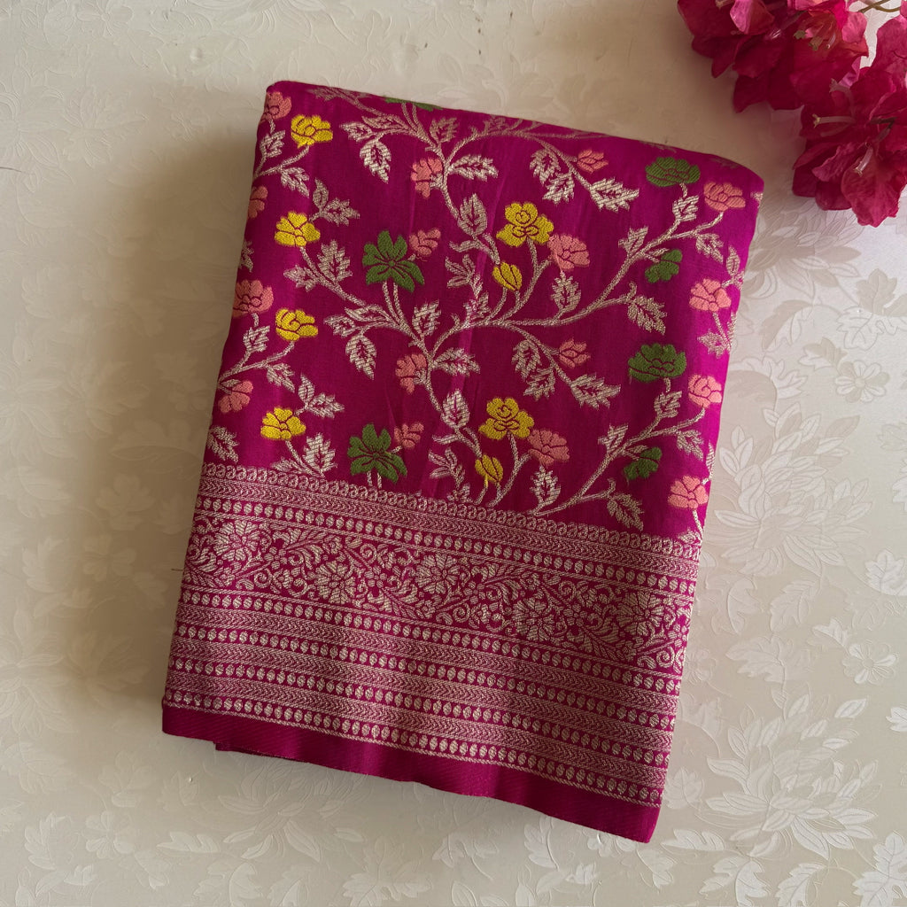Fuchsia Gold Brocade Floral Saree Rich Woven Pallu Tassels Traditional