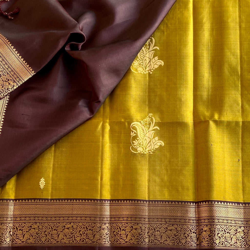 Deep Mustard Yellow Designer Pure Silk Saree With Wine Brown Pallu Gold Zari