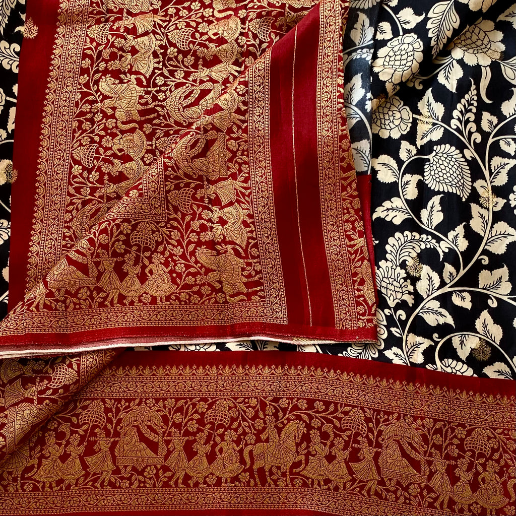 Stunning Black Kalamkari Premium Tussar Silk With Deep Reddish Maroon Pallu
