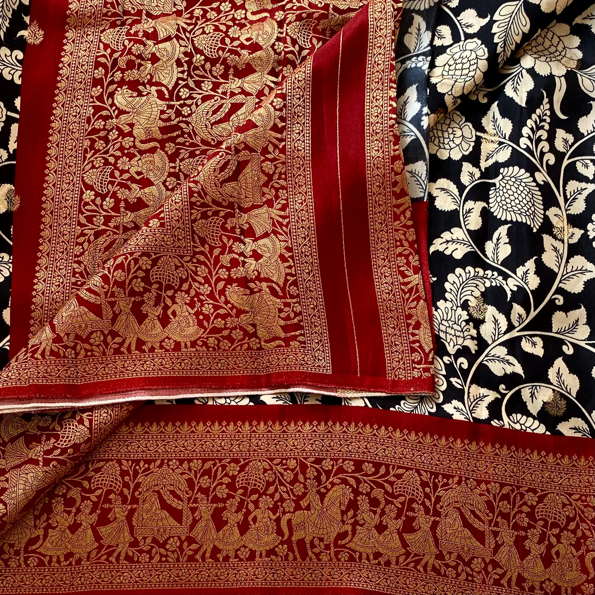 Stunning Black Kalamkari Premium Tussar Silk With Deep Reddish Maroon Pallu