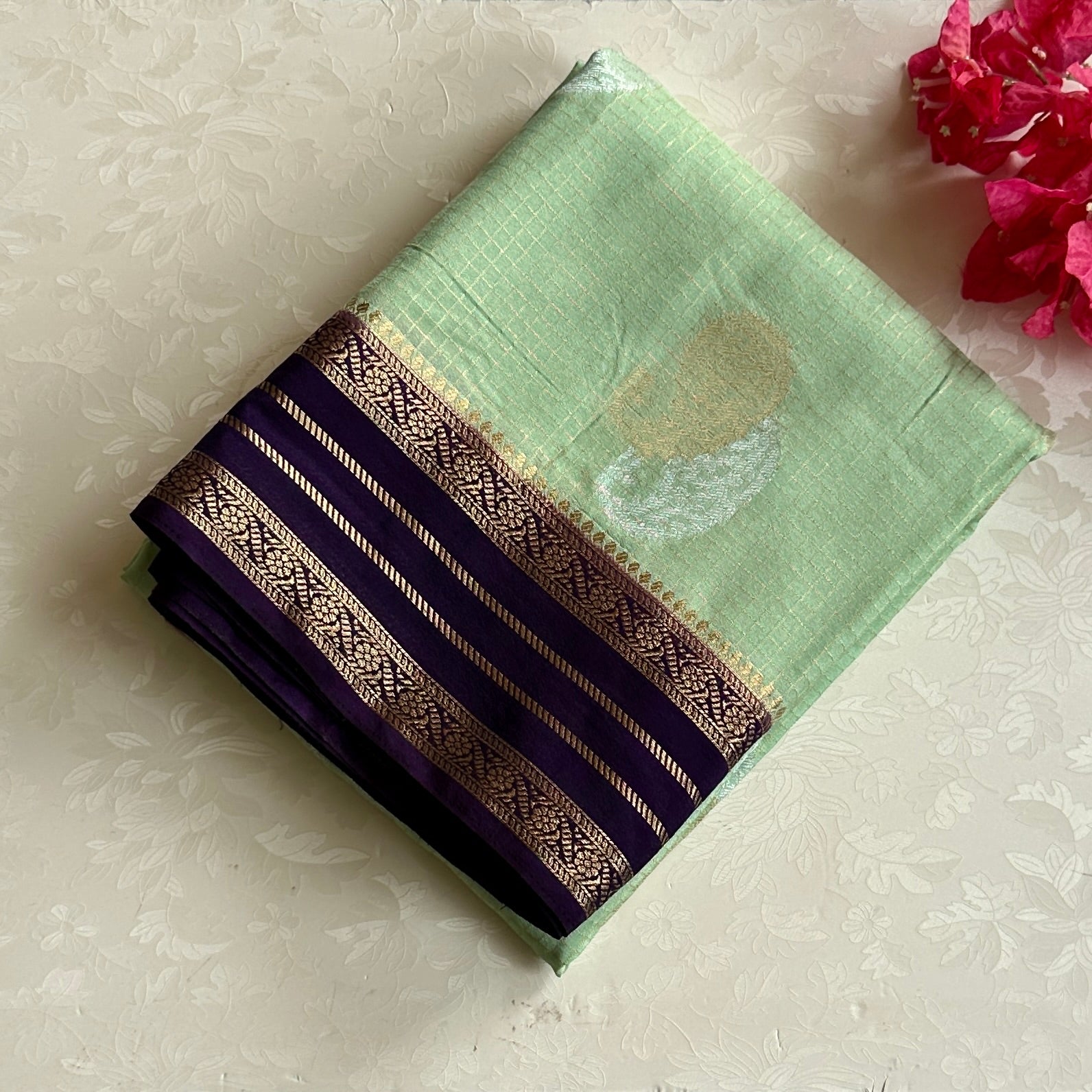 Mint Green Silk Saree with Deep Violet Gold Brocade Pallu