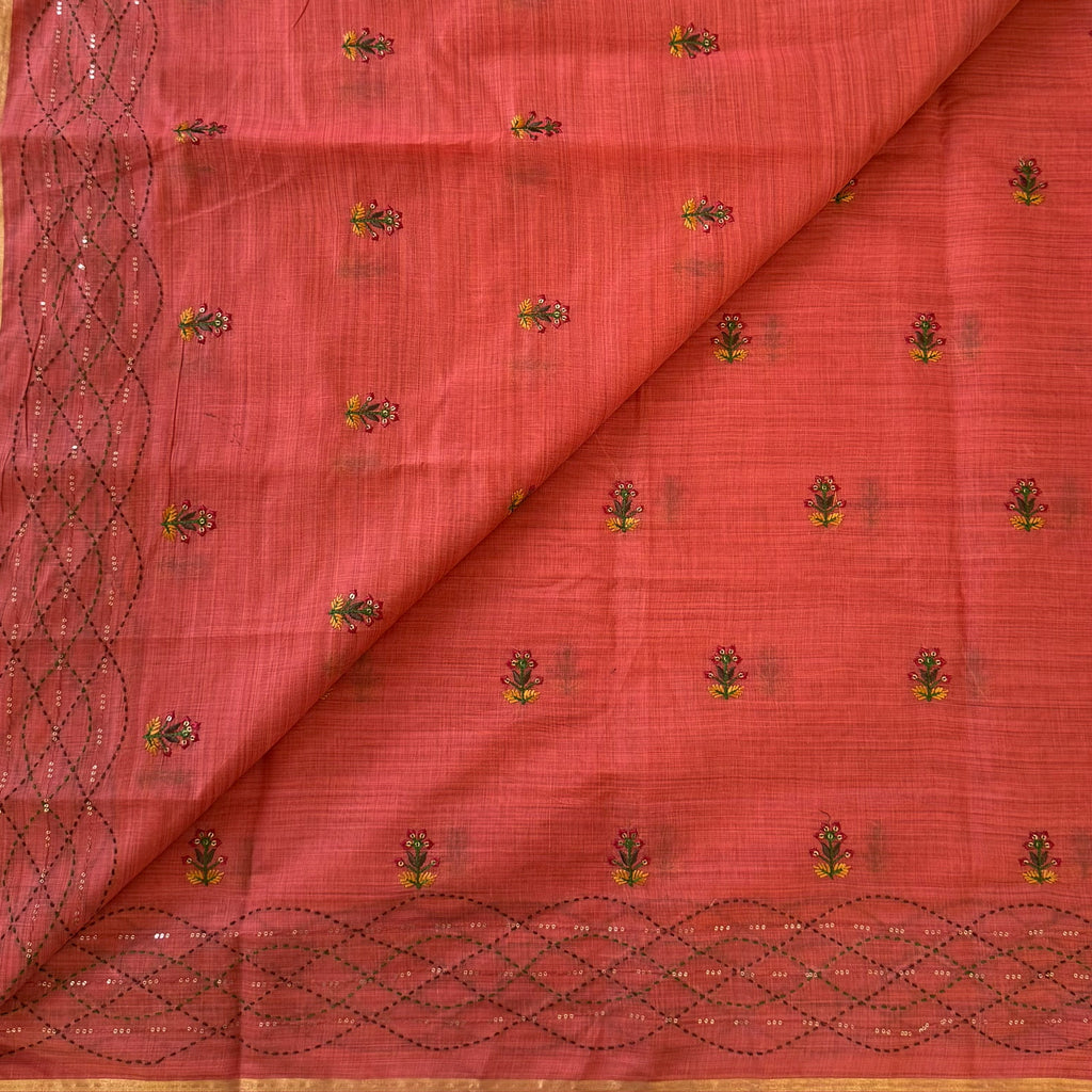 Coral Floral Embroidered Sequined Saree With Golden Border And Tassels