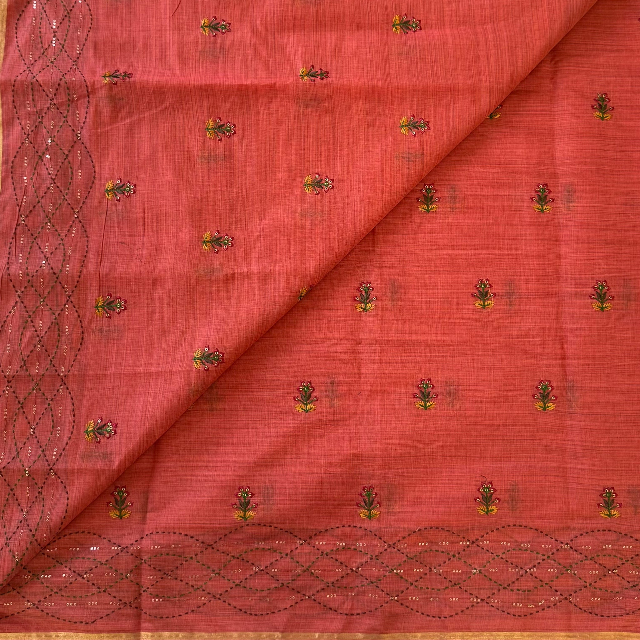 Coral Floral Embroidered Sequined Saree With Golden Border And Tassels