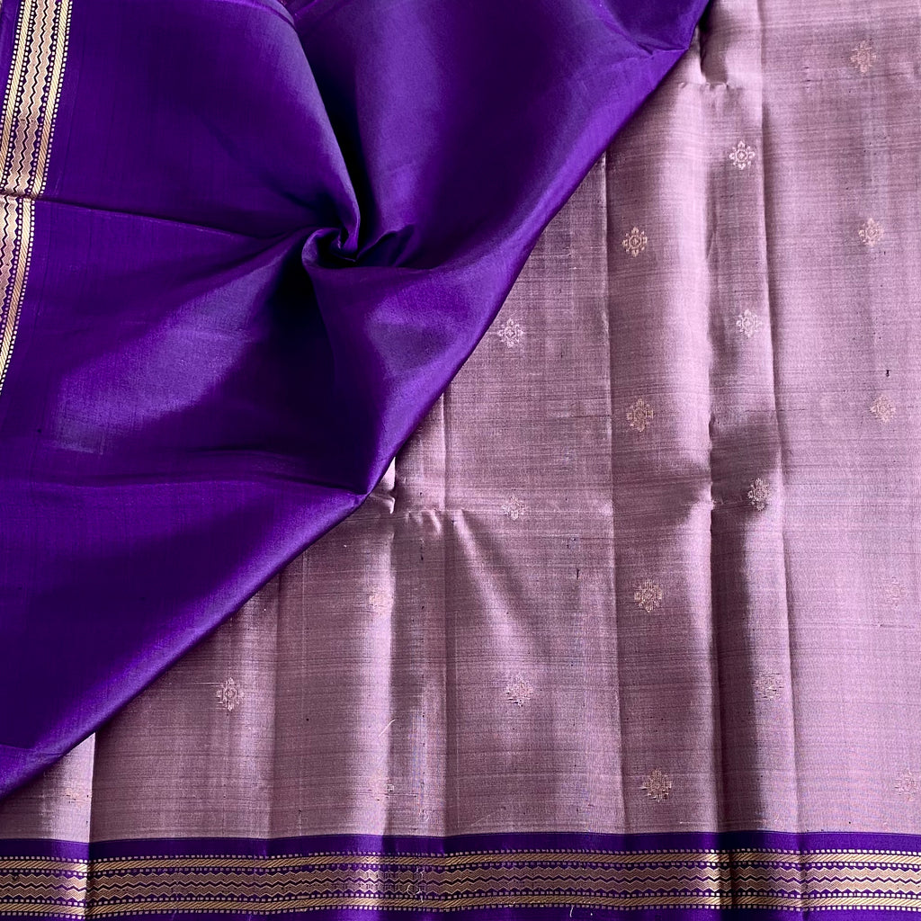 Dusty Mauve Designer Pure Silk Saree With Royal Purple Pallu