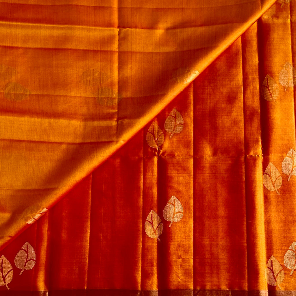 Saffron Orange Designer Pure Silk Saree With Rich Magenta Pallu