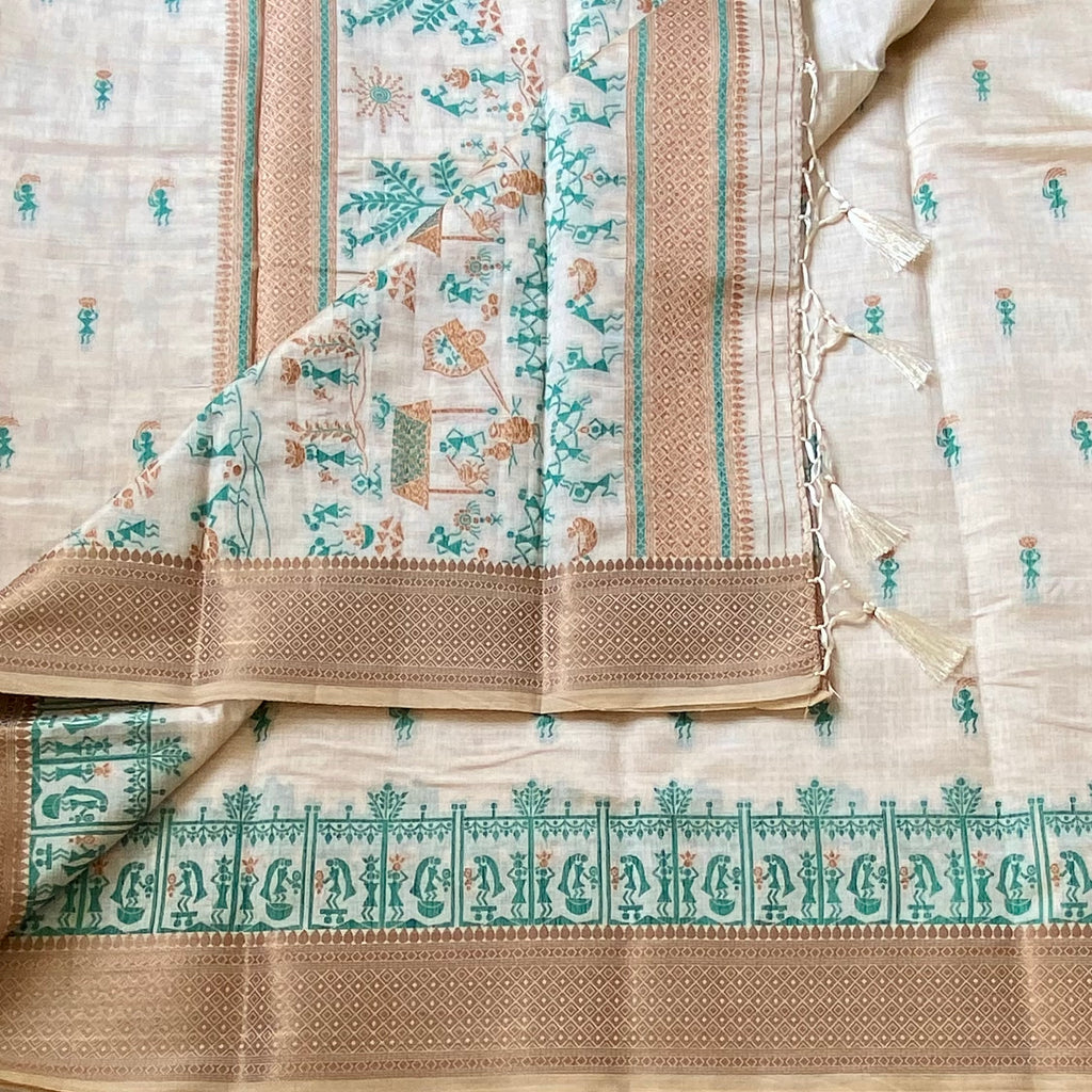 Elegant Ivory Teal Handloom Saree with Bronze Border Tassel Pallu