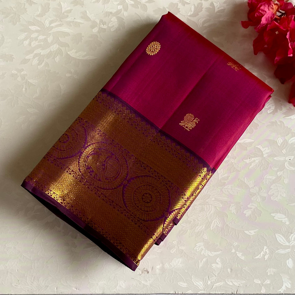 Raspberry Pink With Royal Wine Purple Designer Kanjeevaram Pure Zari Silk
