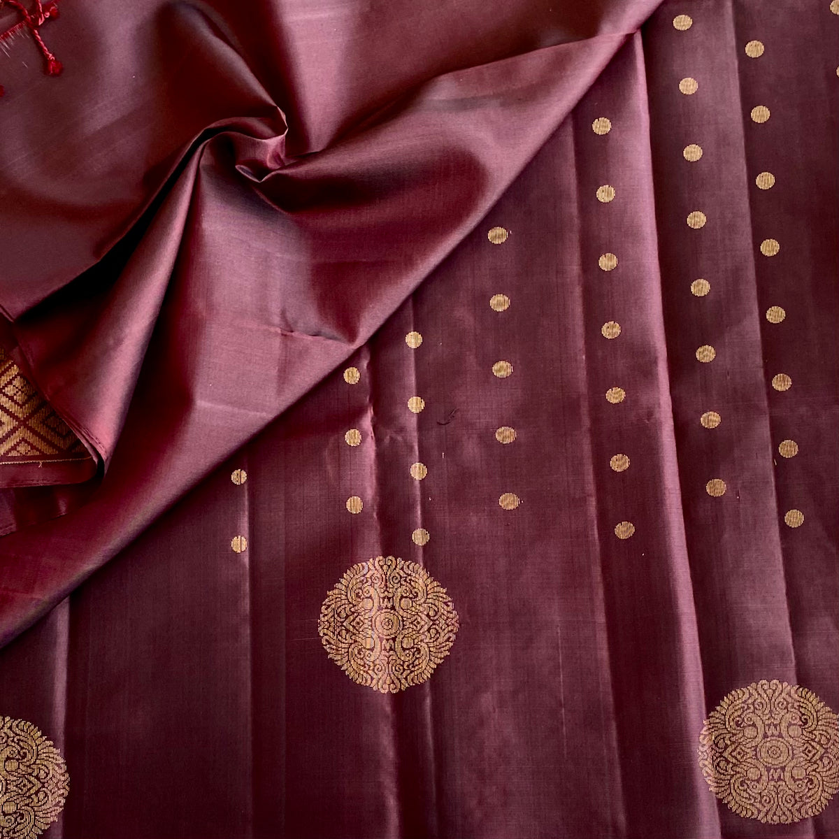 Deep Plum Brown Antique Gold Designer Pure Silk Saree With Floral Pallu