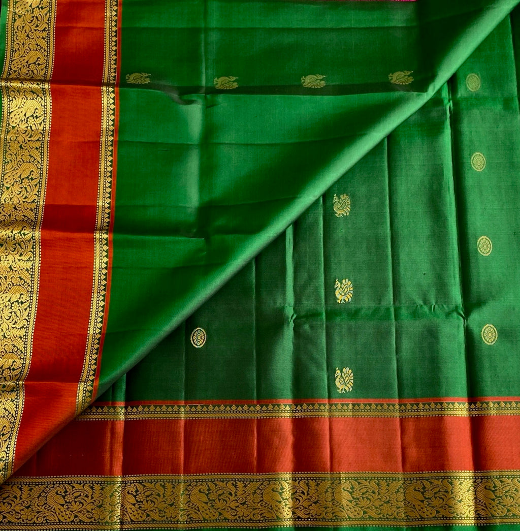 Emerald Green Designer Pure Silk Saree With Rani Pink Pallu
