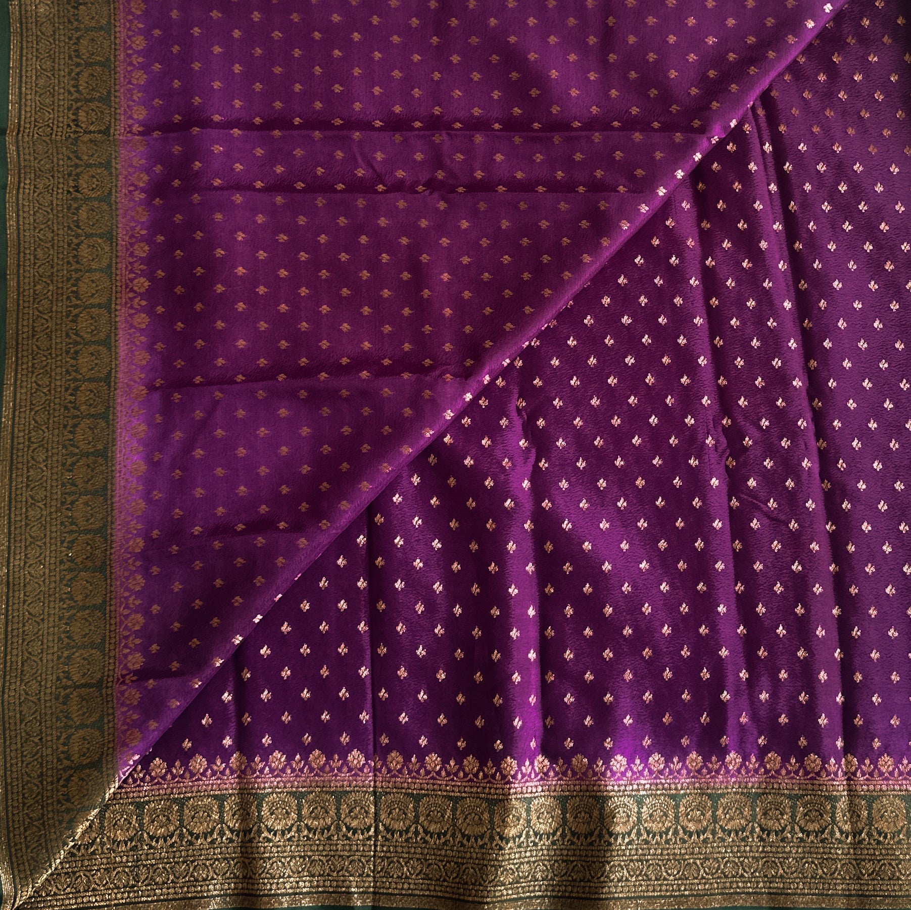 Purple with dark bottle green Banarasi soft crepe silk