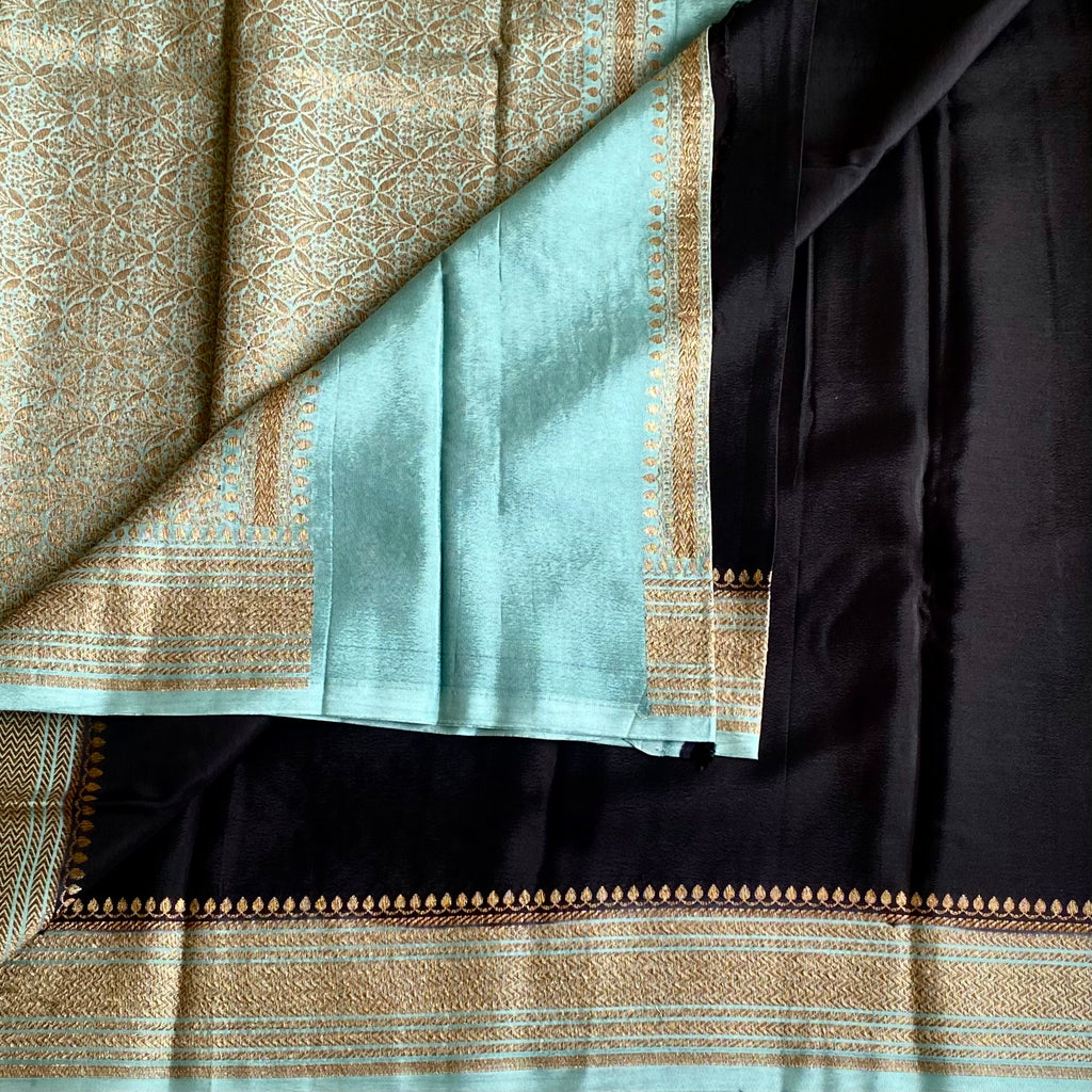 Jet Black Banarasi Crepe Silk Saree Aqua Mint Pallu Gold Border