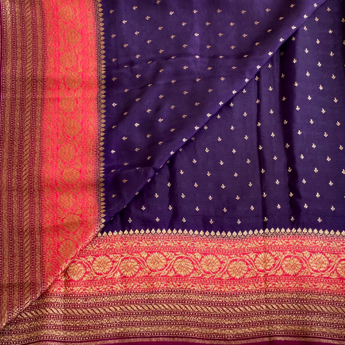 Tri Colour Brinjal Purple And Wine Rose Pink Banarasi Crepe Silk Saree With Gold Zarii
