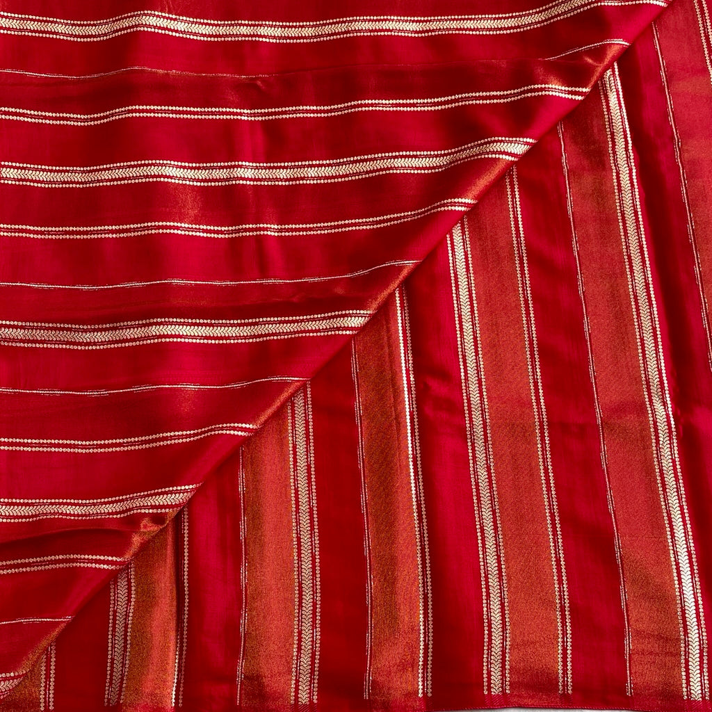Fiery Ruby Red With Dark Green Soft Tussar Silk Saree With Metallic Gold Butis And Stripes