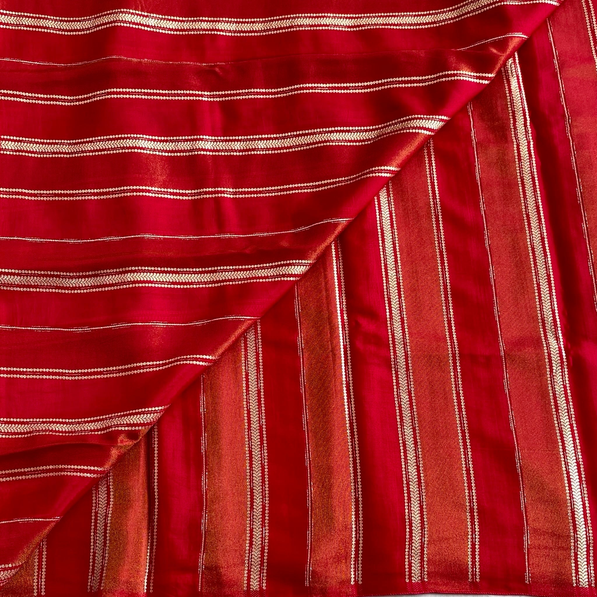 Fiery Ruby Red With Dark Green Soft Tussar Silk Saree With Metallic Gold Butis And Stripes