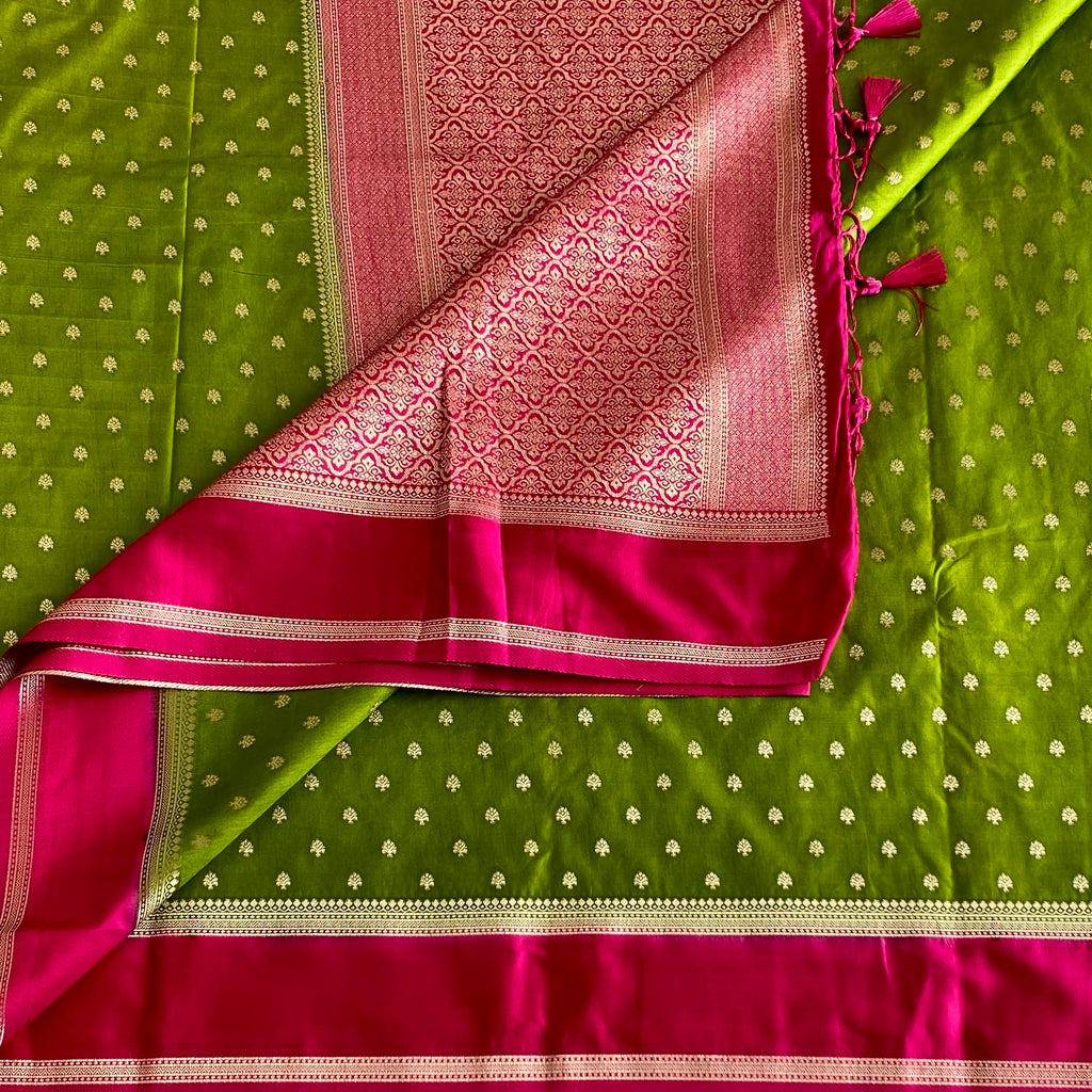 Apple Green Fuchsia Zari Buti Silk Saree Traditional Festive Elegant