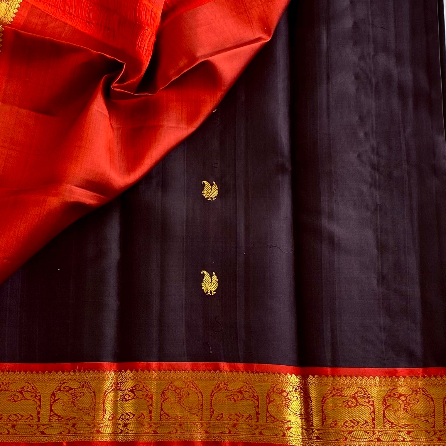 Deep Plum Brown Kanjeevaram Pure Zari Silk With Vermilion Red Border