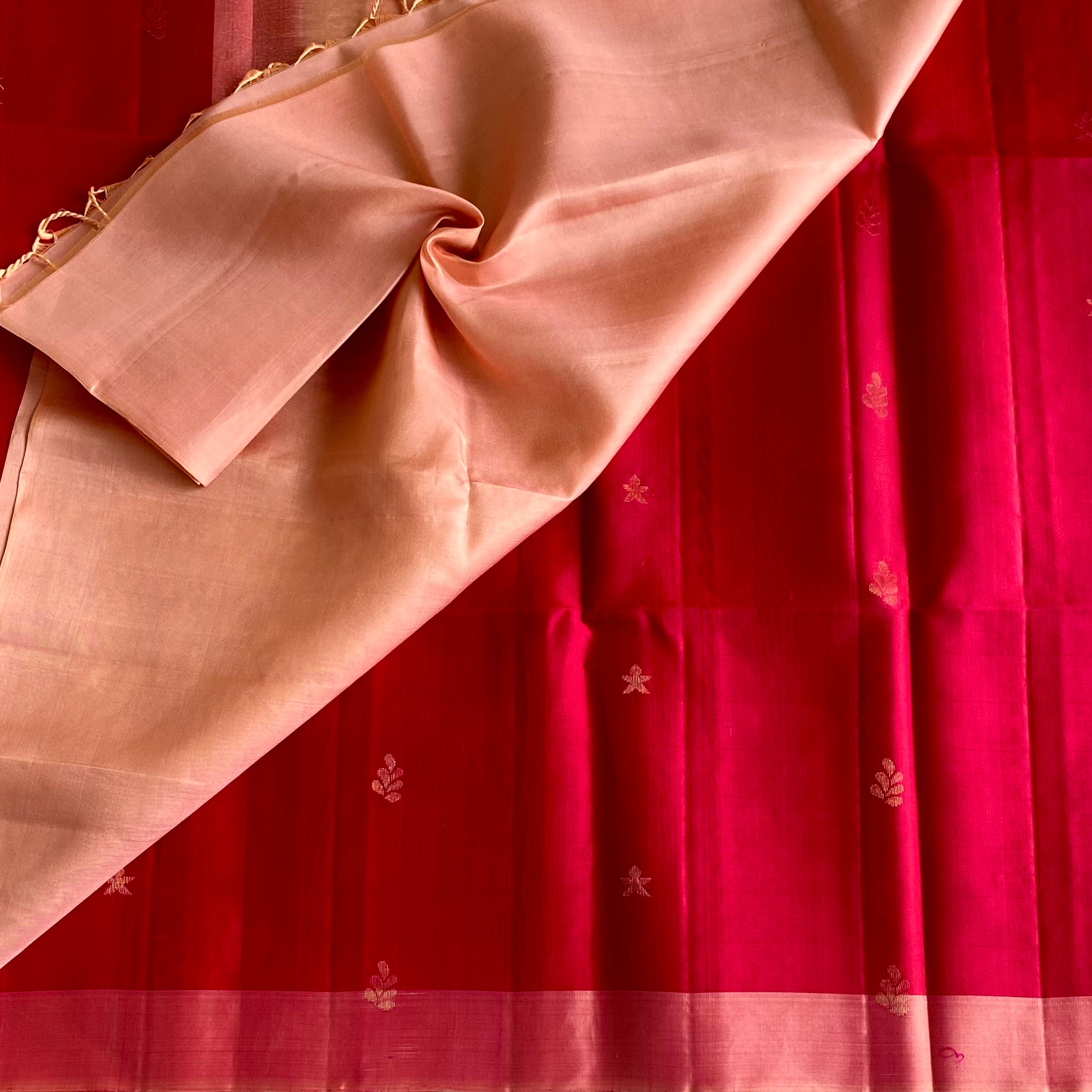 Rani Pinkish Red Designer Pure Silk Saree With Peach Pallu