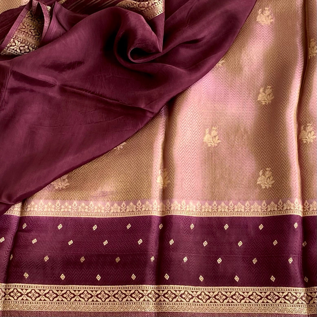 Rose Gold With Deep Wine Soft Crepe Silk with Designer Weave
