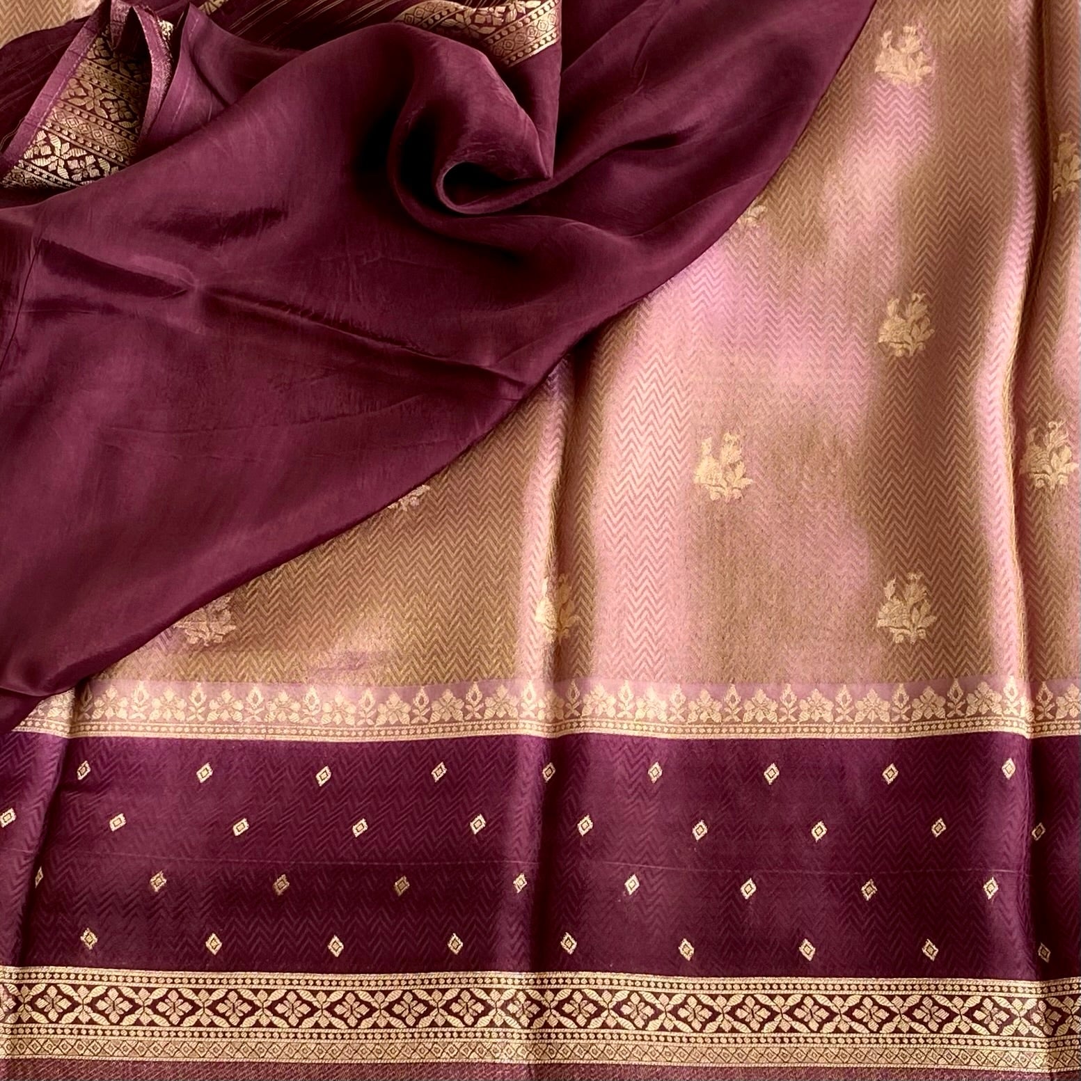 Rose Gold With Deep Wine Soft Crepe Silk with Designer Weave