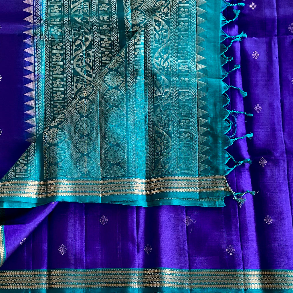 Royal Purple Designer Pure Silk Saree With Teal Green Pallu