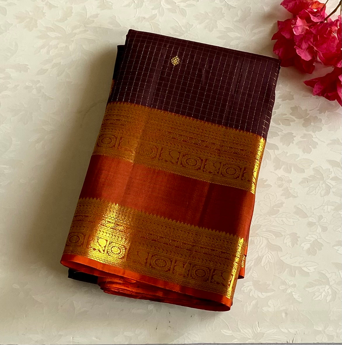 Rust Red Gold Brocade Silk Saree with Aubergine Contrast Pallu