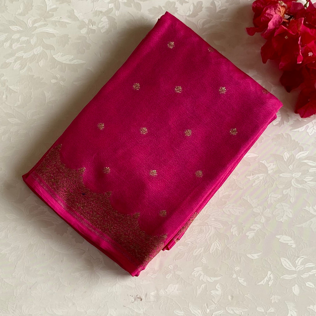 Hot Pink Banarasi Crepe Silk Saree With Antique Gold Brocade