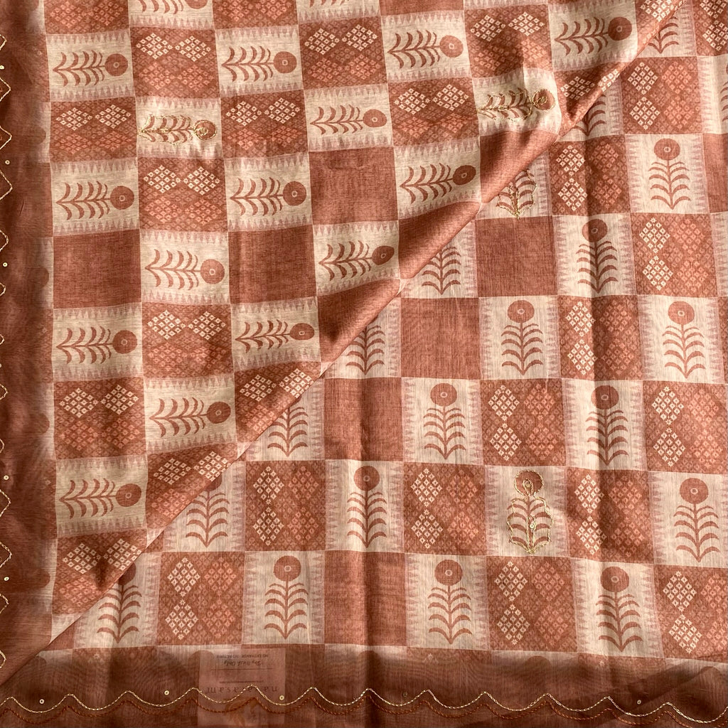 Rust Brown Softest Lightweight Tussar With Antique Beige Checks And Zari