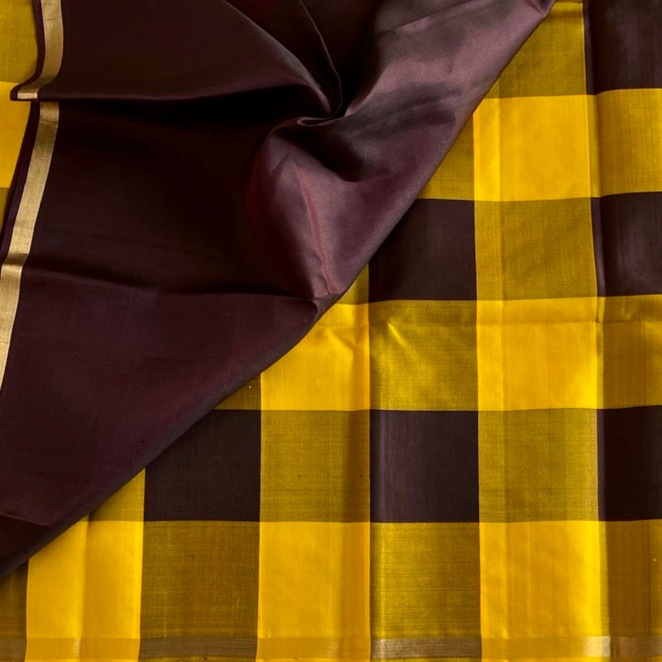 Mustard n Black Checkered Designer Pure Silk With Deep Brown Pallu