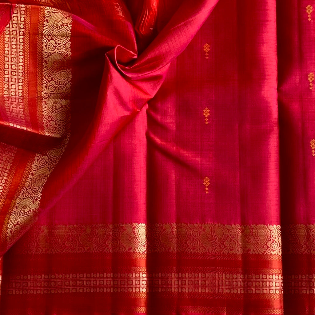 Kanjeevaram Pure Zari Silk Tomato Reddish Pink With Burnt Orange Borders