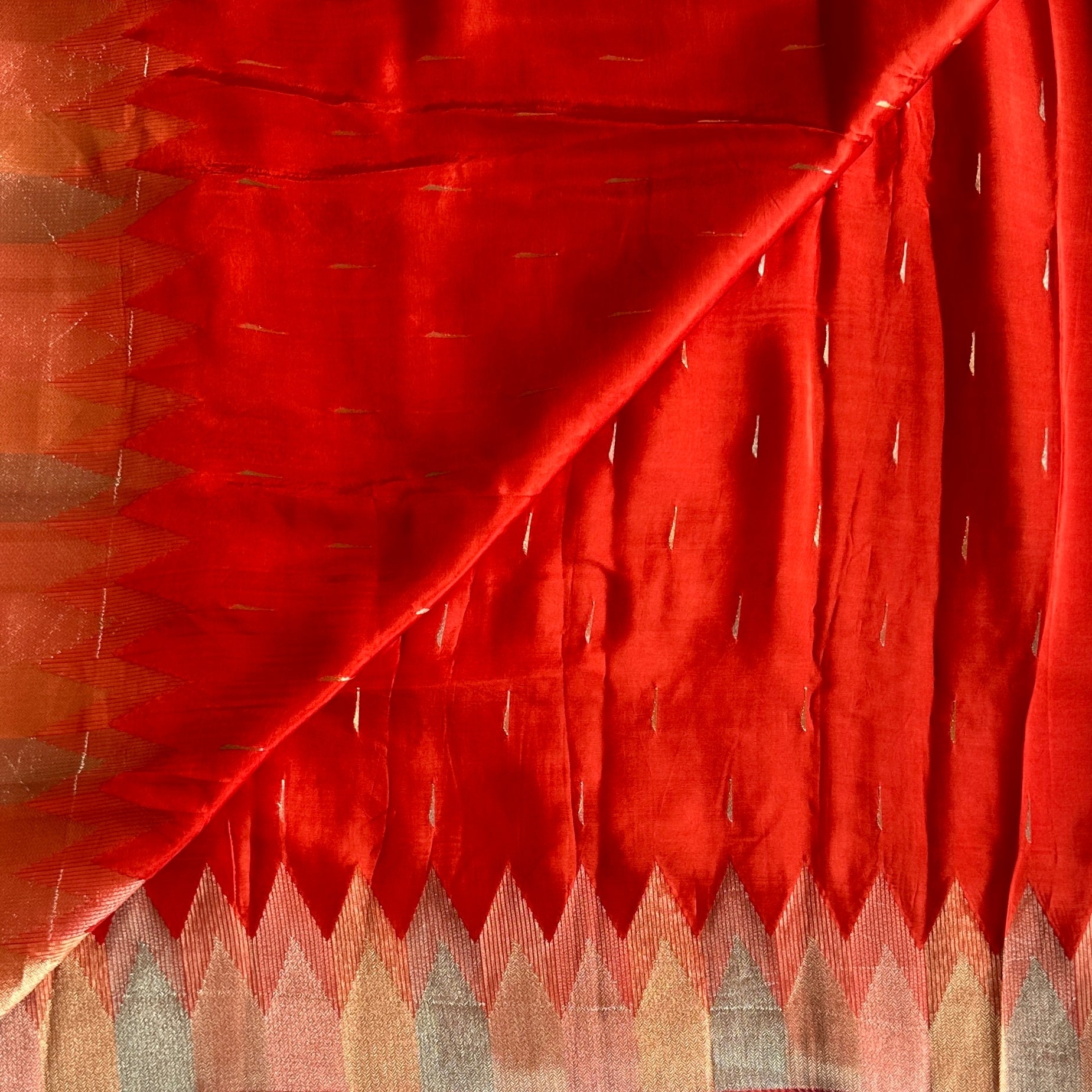 Crimson Red Woven Silk Saree Gold Silver Pallu Zigzag Border