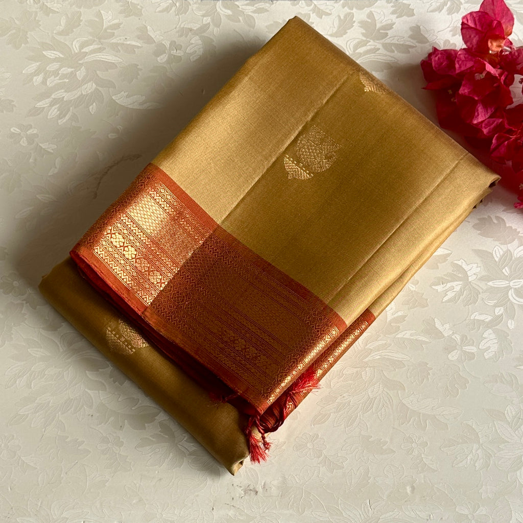 Antique Gold Designer Pure Silk Saree With Rust Orange Pallu