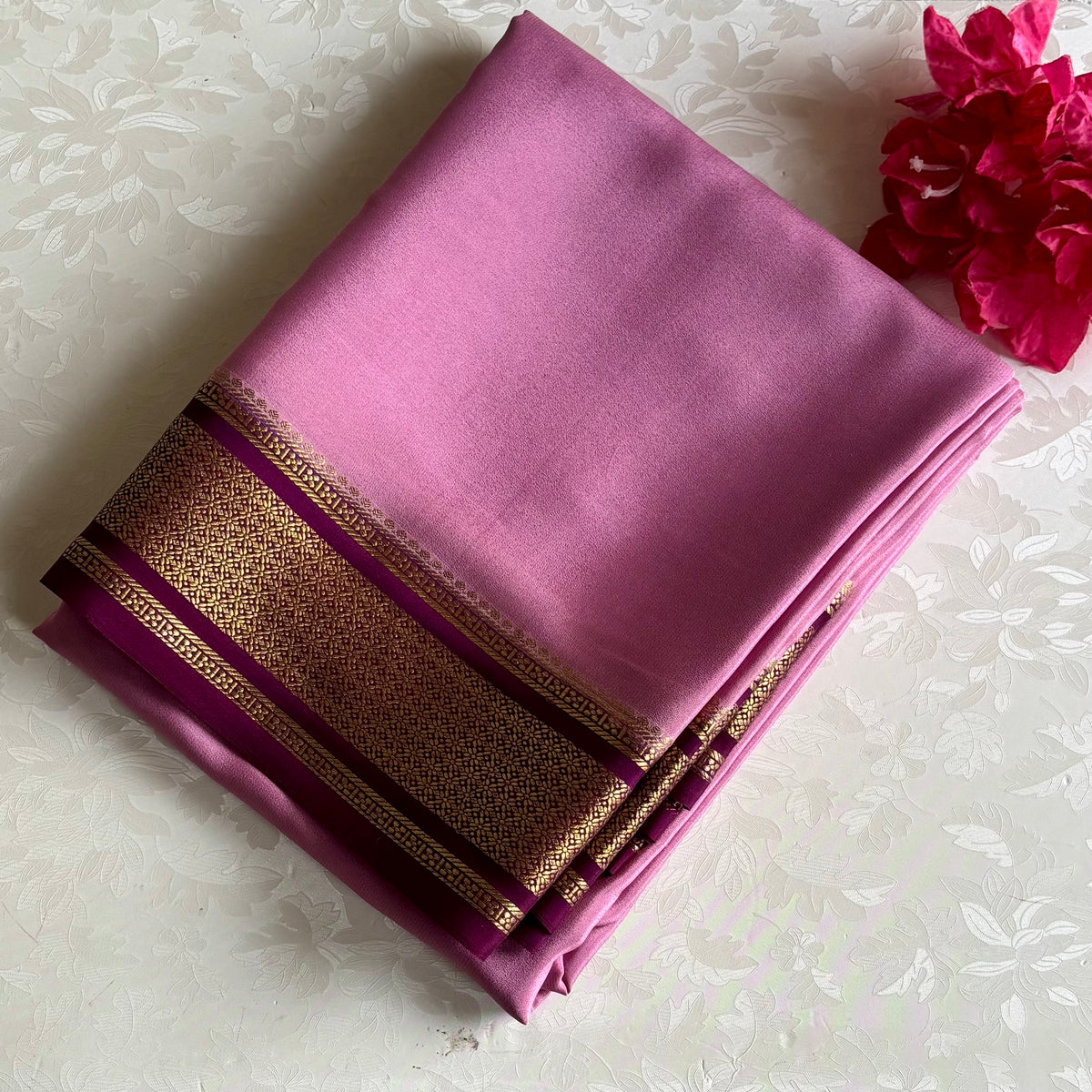 Mauve Pink & Magenta Metallic Gold Mysore Crepe Silk Saree