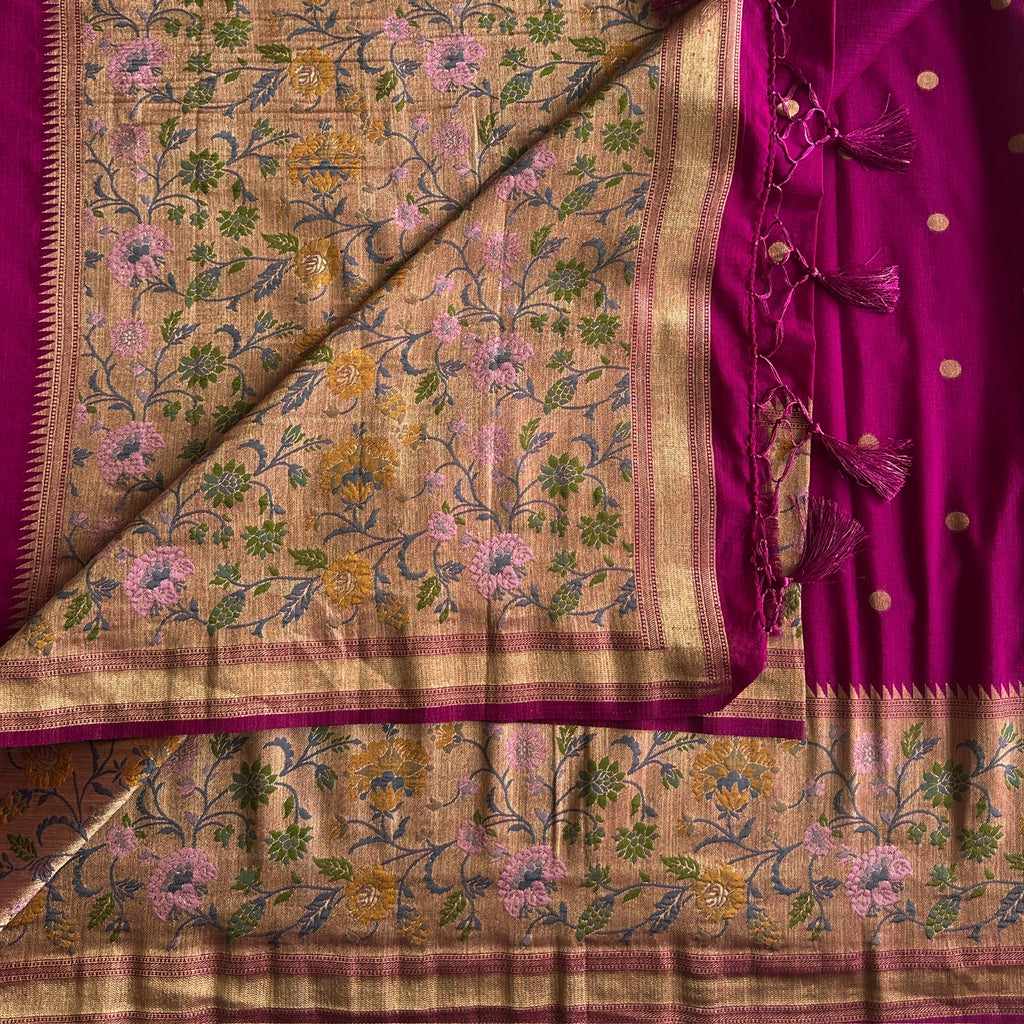 Deep Magenta Brocade Floral Saree With Gold Polka For Festive Occasions