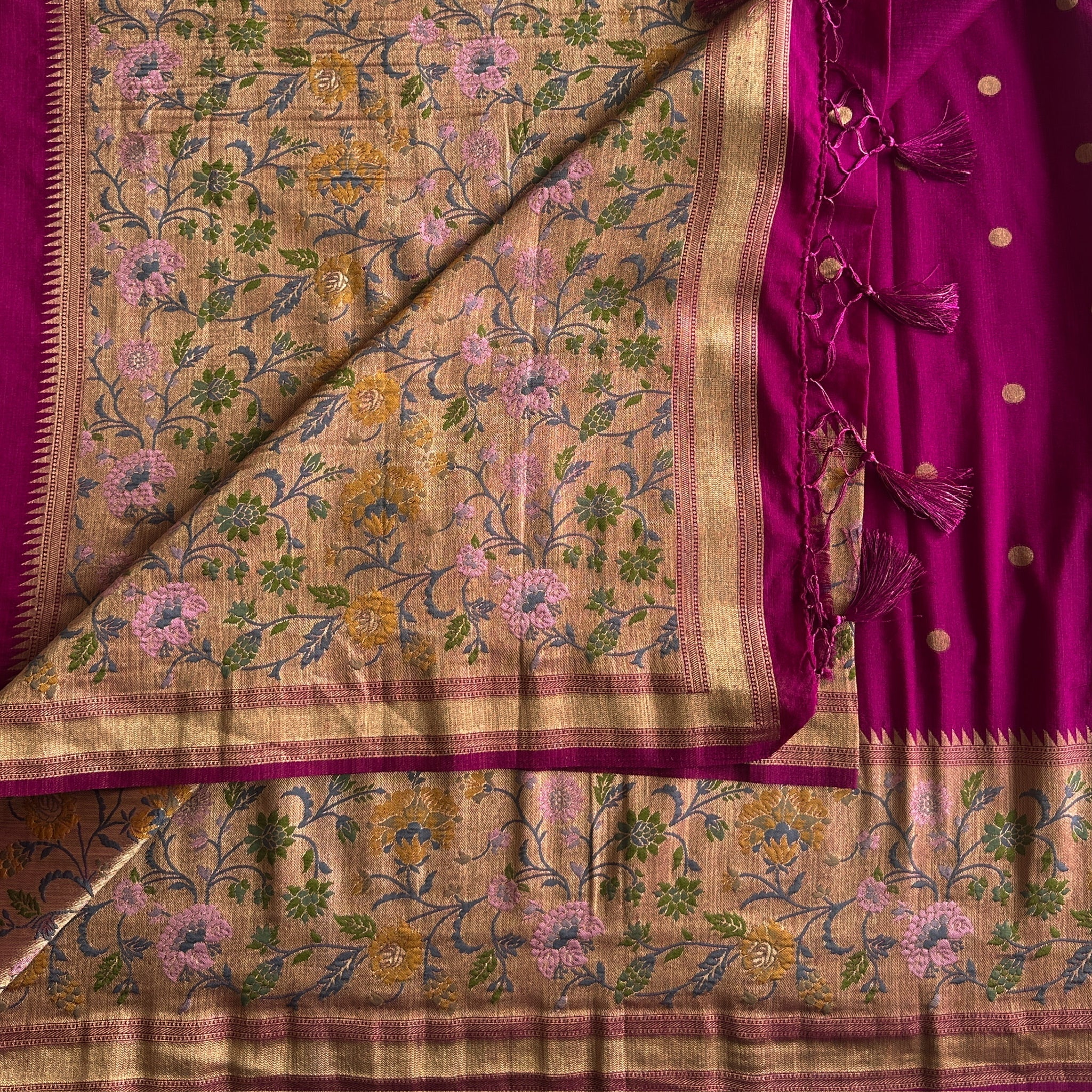 Deep Magenta Brocade Floral Saree With Gold Polka For Festive Occasions