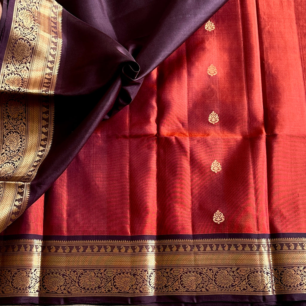 Vintage Rust with Plum Wine Designer Pure Silk with Brocade Borders