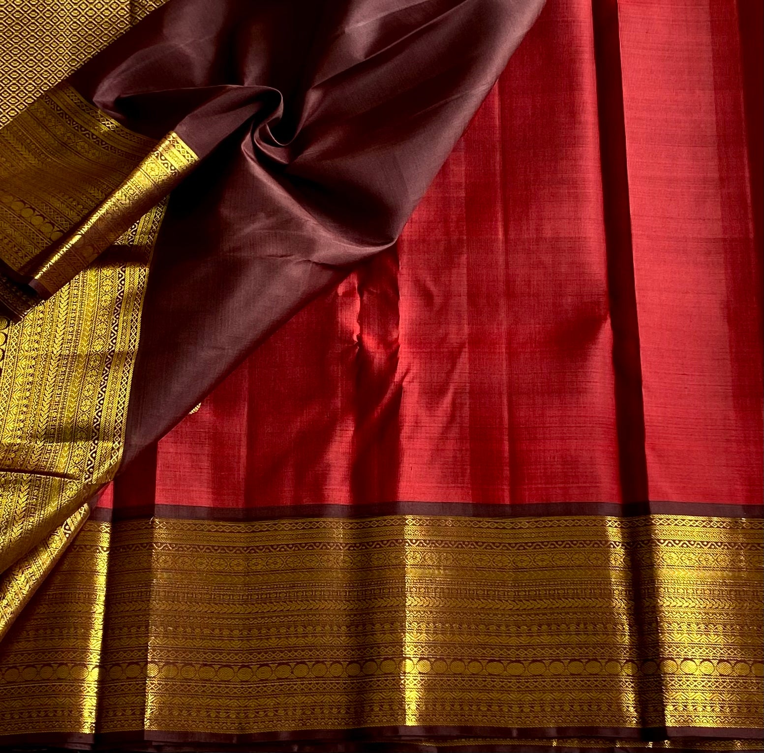 Deep maroon Silk Saree With Gold Brocade Temple Border Buttas