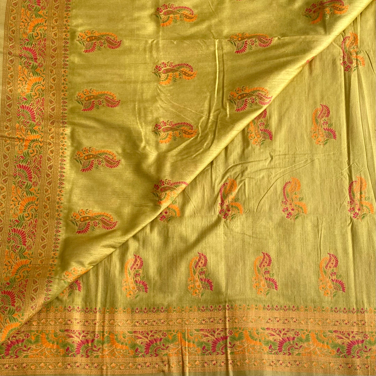 Light Sage Green Meenakari Soft Tussar Saree With Vibrant Woven Pallu
