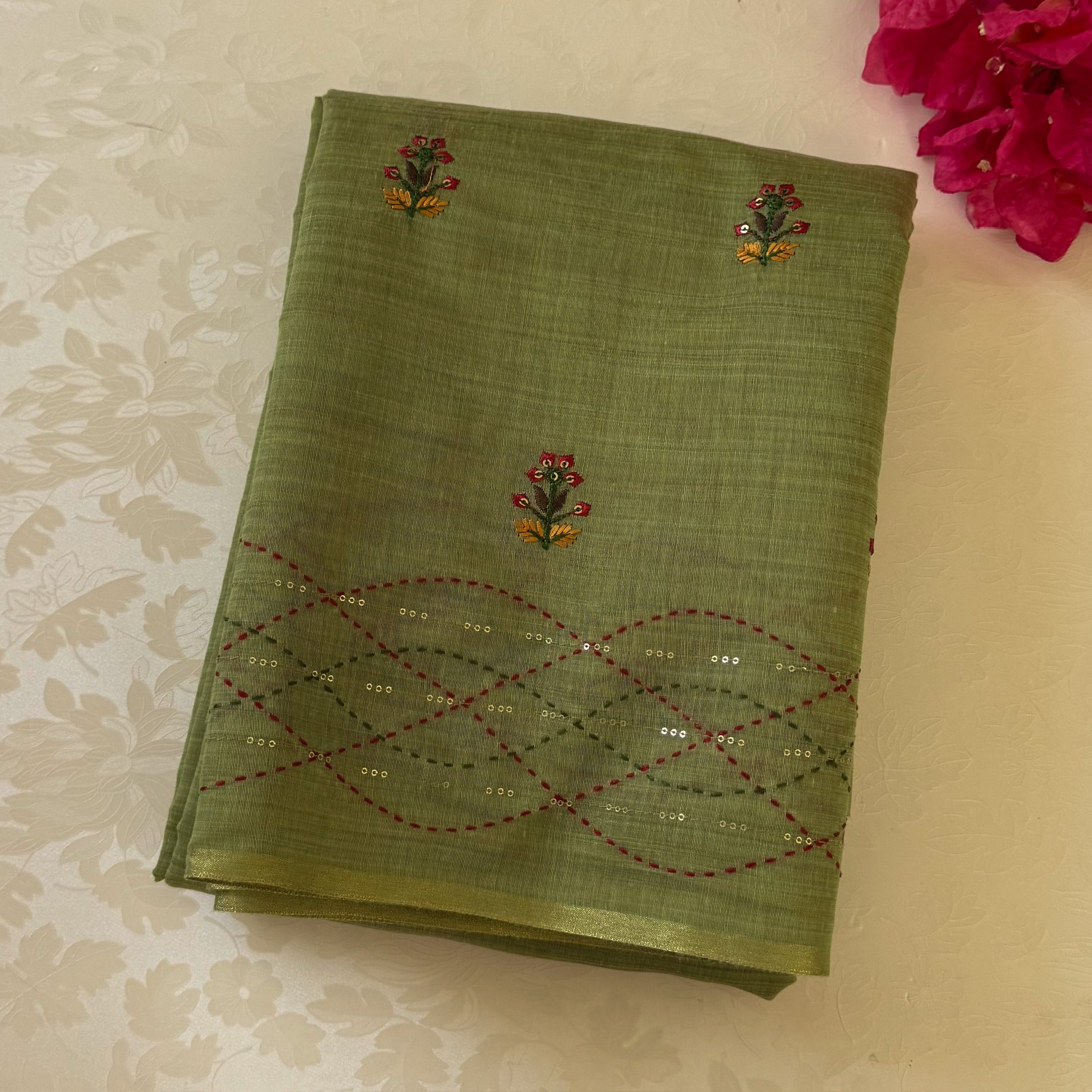 Sage Green Hand Embroidered Floral Buta Saree With Tassel Pallu