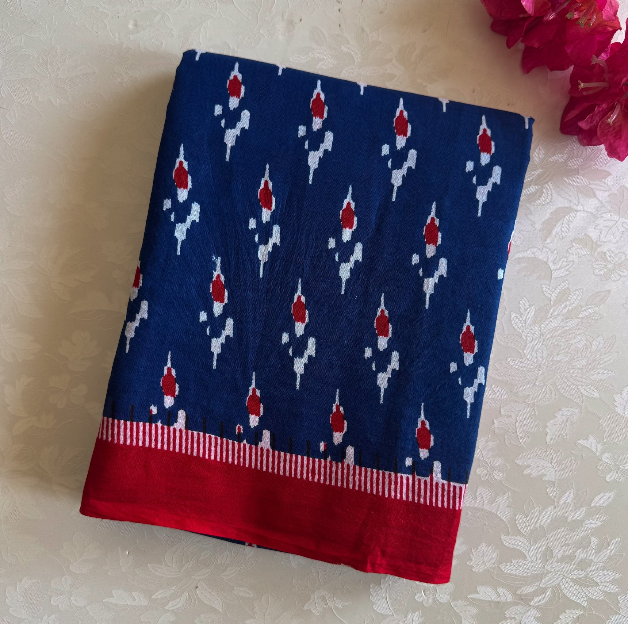 Navy Blue Crimson Cotton Ikat Saree Floral Panel Pallu Traditional