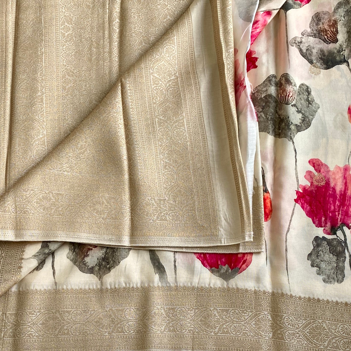 Ivory Pearl Floral Premium Tussar Silk Saree With Antique Zari Borders