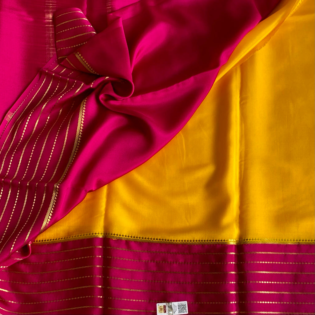 Mustard Yellow Mysore Crepe Silk Saree With Rani Pink Pallu
