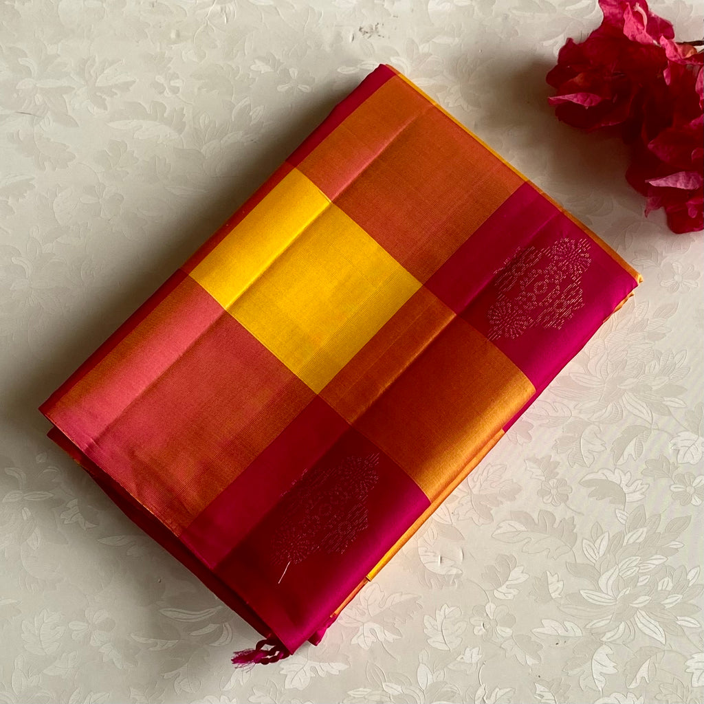 Rani Pink and Golden Yellow Designer Pure Silk Saree With Jacquard Pallu