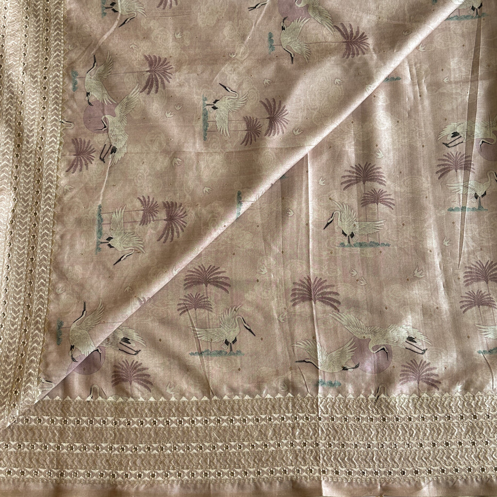 Dusty Rose Crane Print Saree With Antique Gold Zari Border