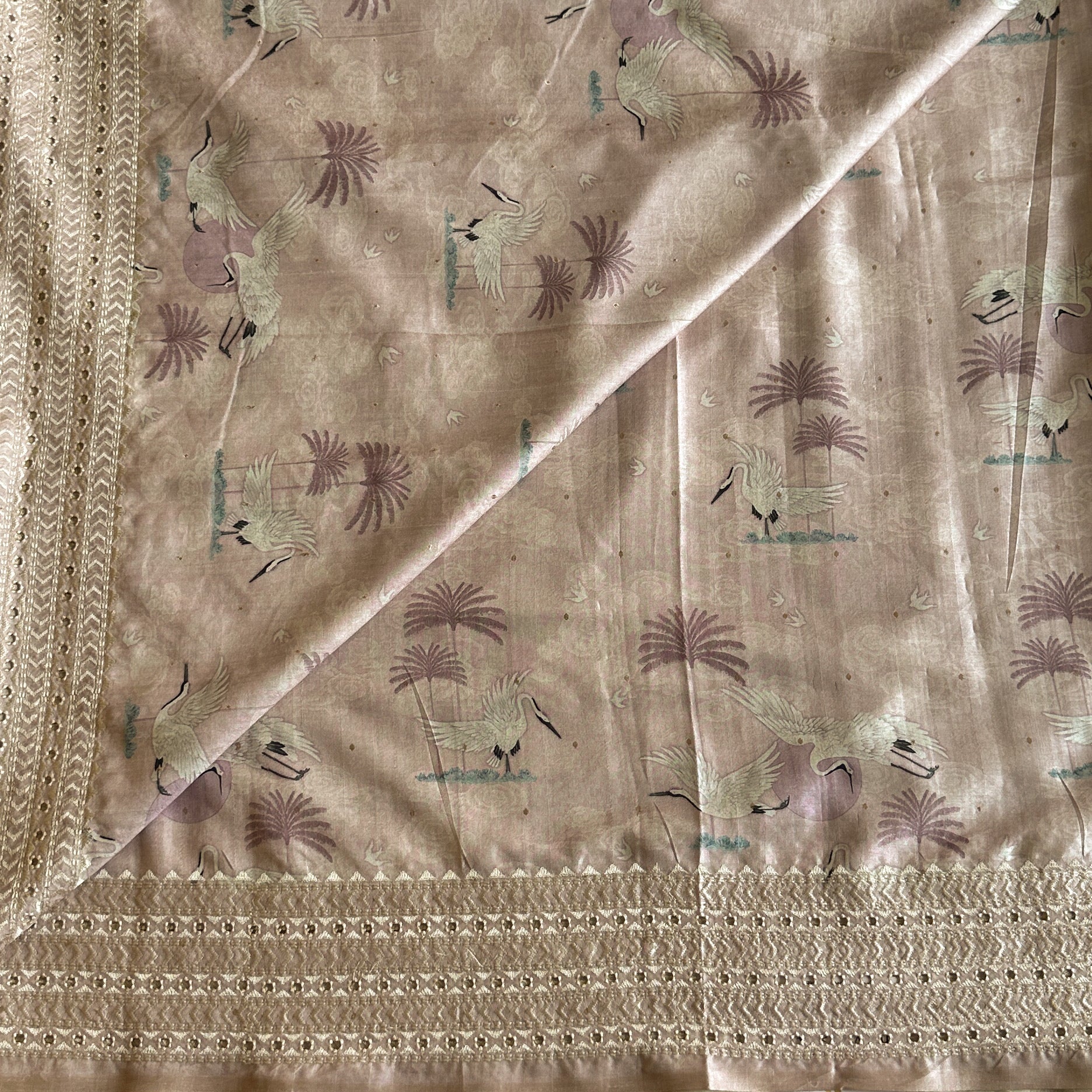 Dusty Rose Crane Print Saree With Antique Gold Zari Border