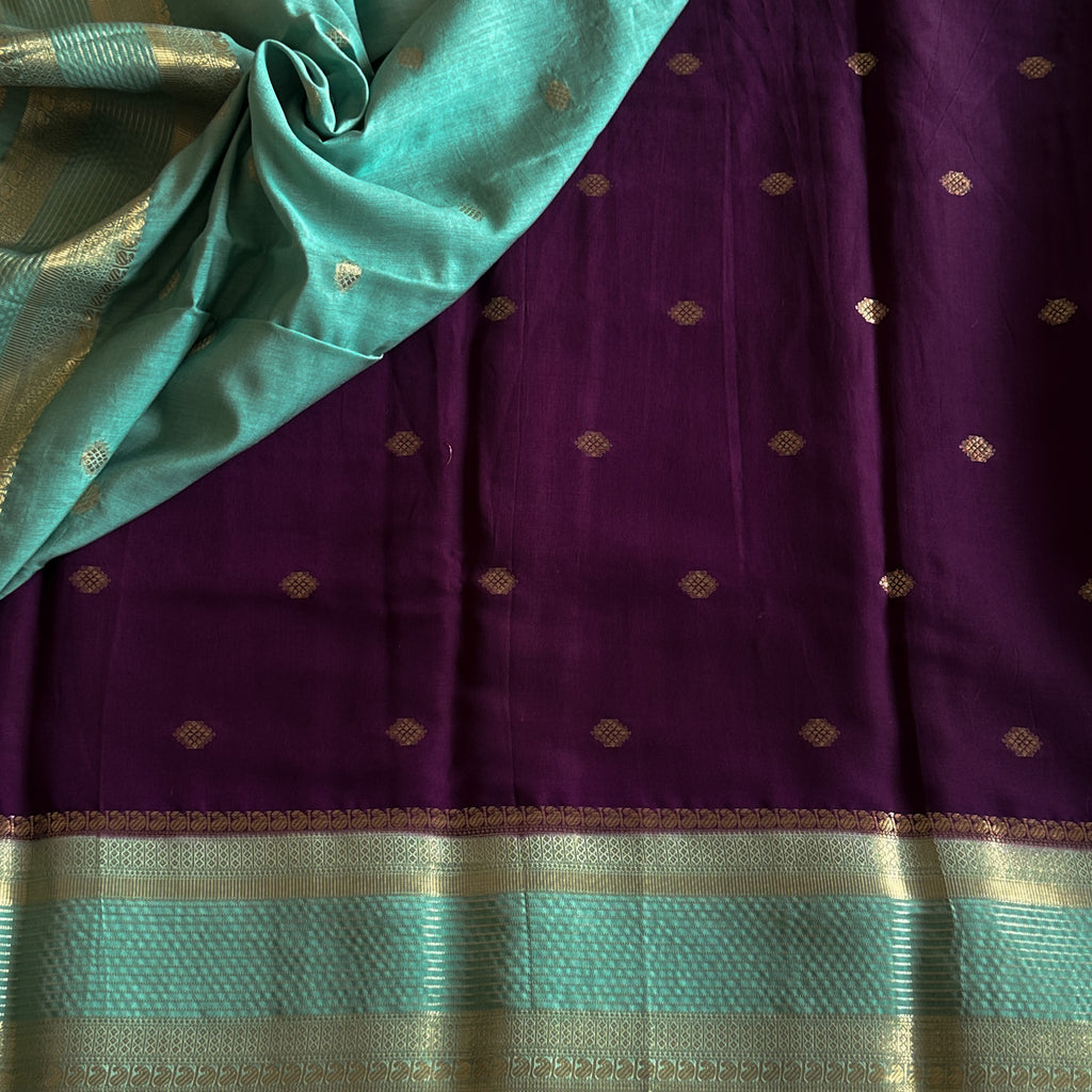 Plum Purple Silk Saree Seafoam Green Zari Buta Traditional Wedding