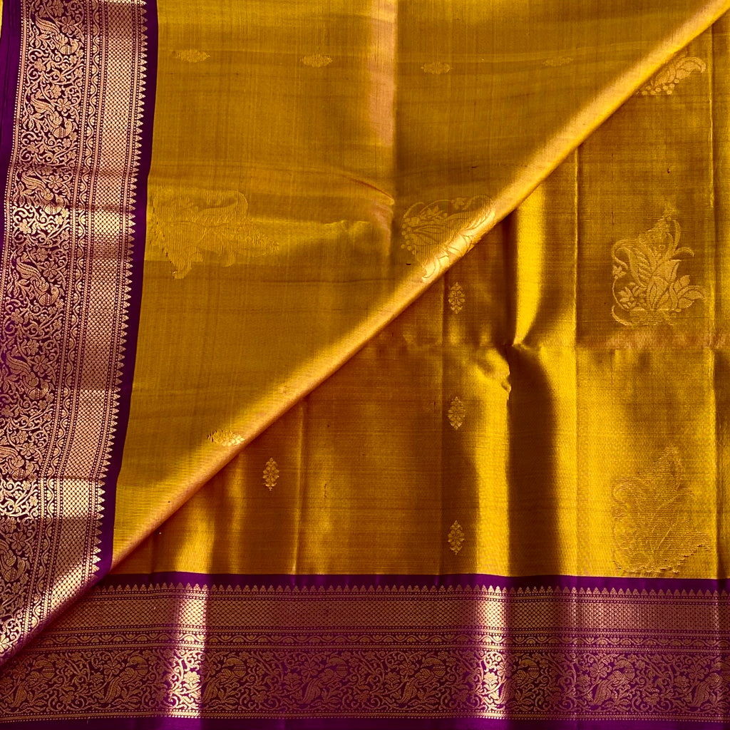 Mustard Gold Designer Pure Silk Saree With Royal Purple Pallu