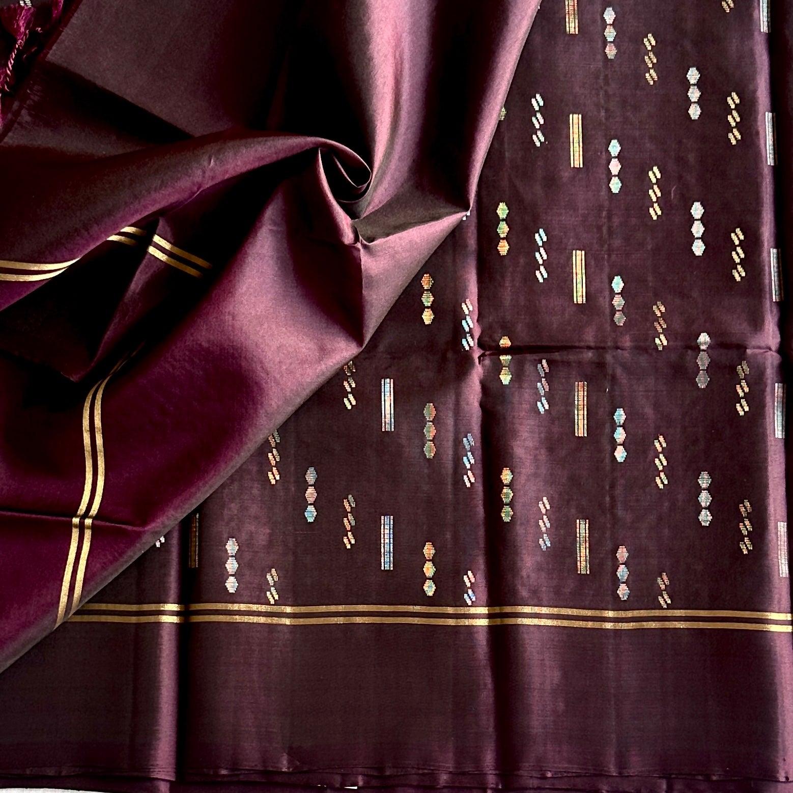 Plum Silk Zari Brocade Saree Floral Pallu And Gold Border