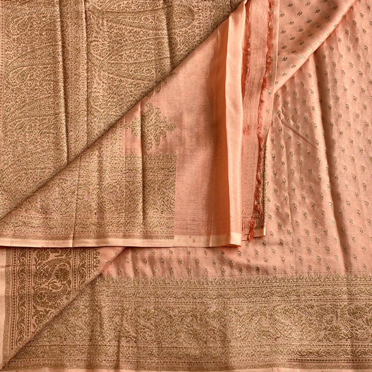 Copper Peach Banarasi Crepe Silk Saree With Rose Gold Jaal Work