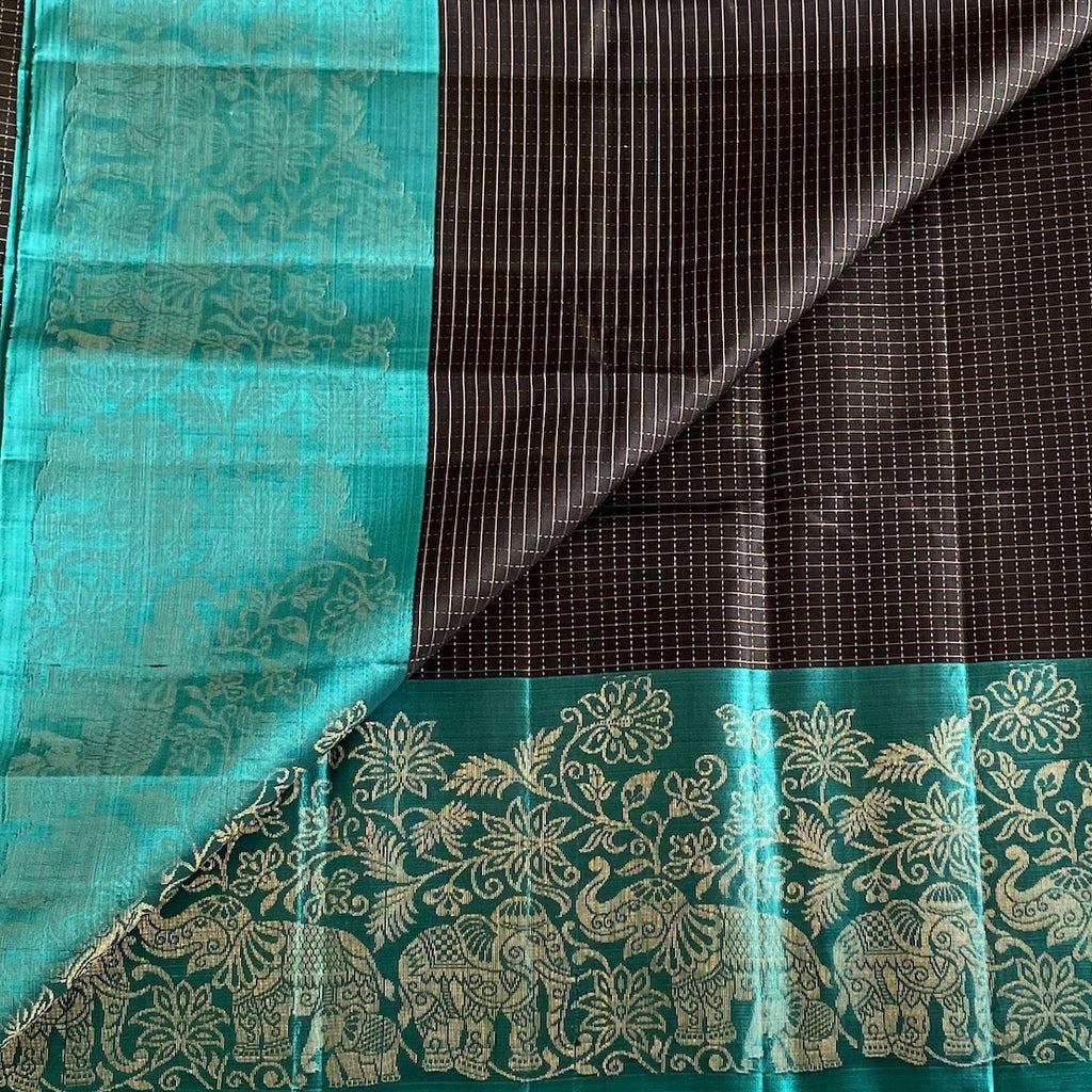 Teal Green Designer Pure Silk Saree With Chocolate Brown Border