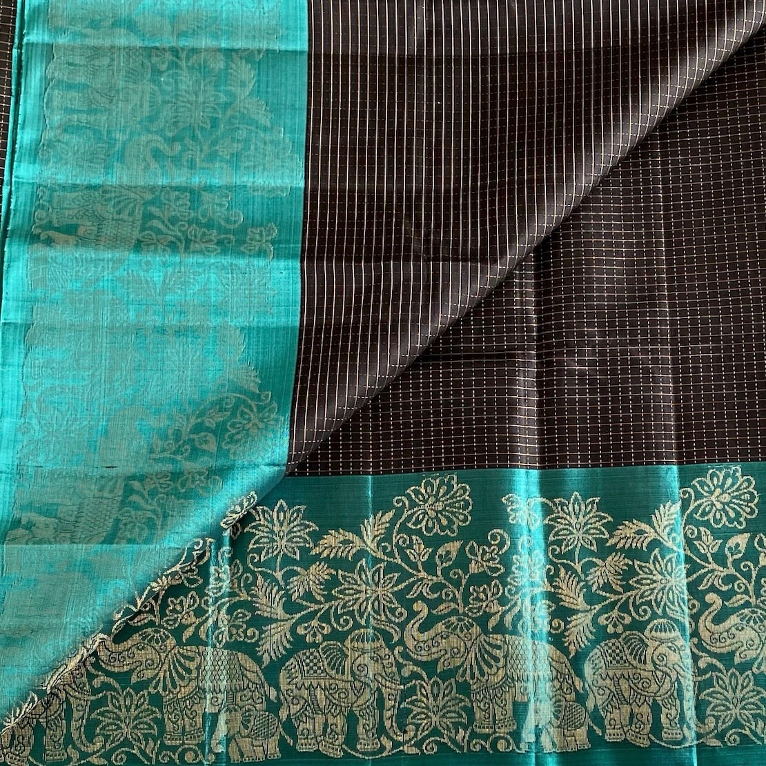 Teal Green Designer Pure Silk Saree With Chocolate Brown Border